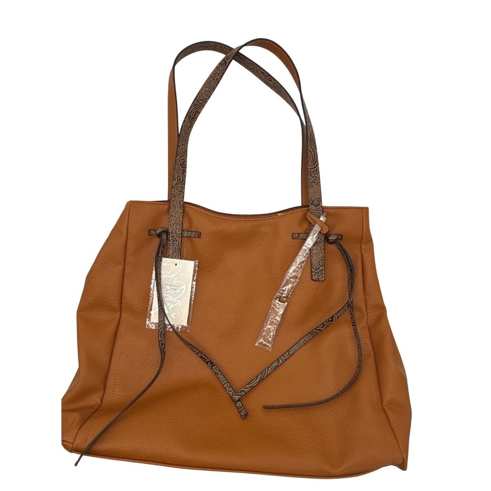 Darcy Marks London Cognac Brown Pebbled Vegan Leather Paisley Trim Tote Bag NEW